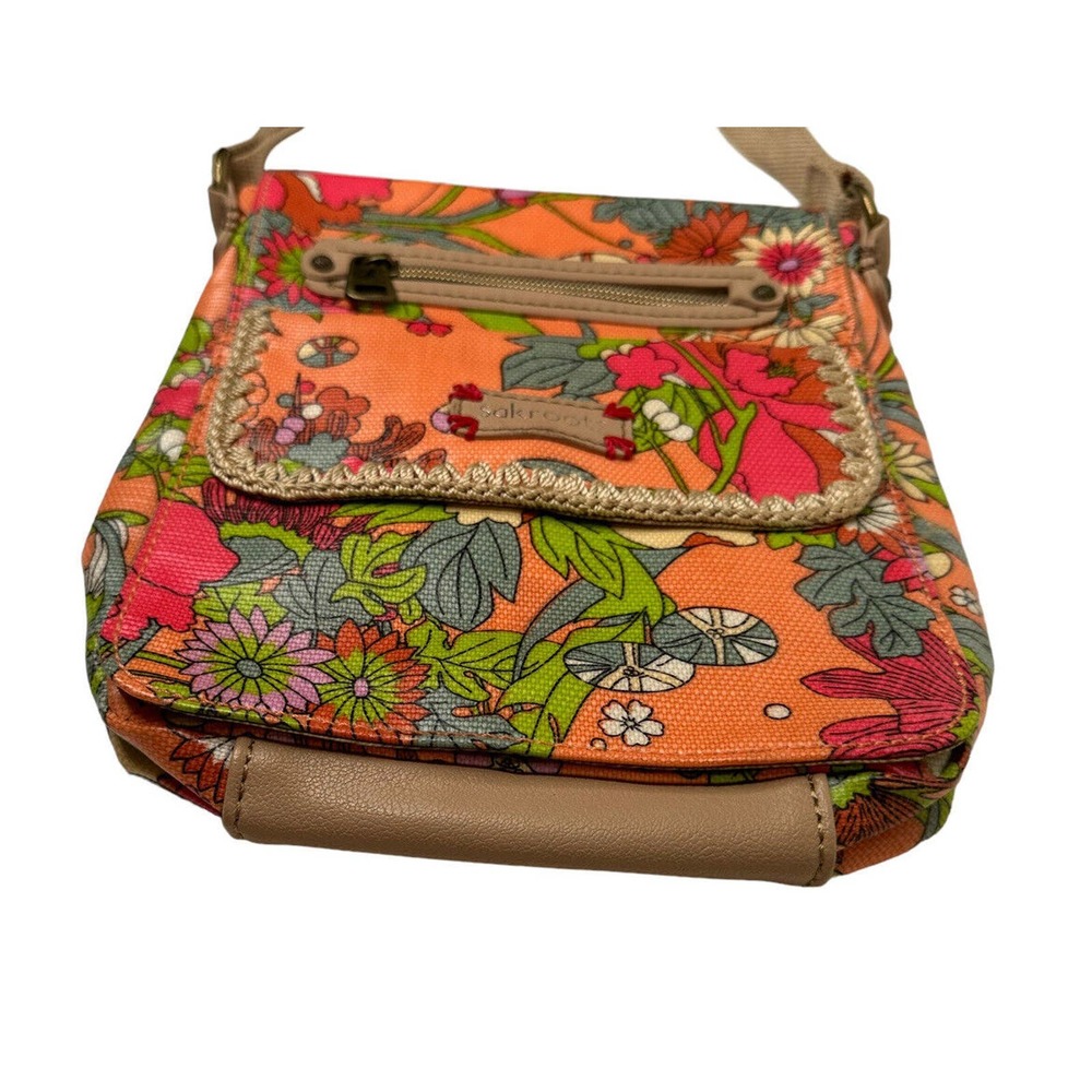 Sakroots Orange Floral Print Crossbody Messenger Flap Purse Bag Coated Canvas - Picture 4 of 13